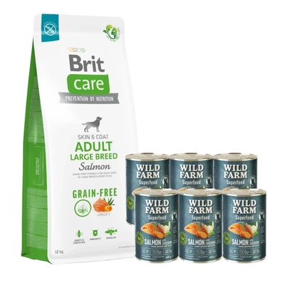 Brit CARE Беззърнена храна за възрастни кучета от големи породи със сьомга 12кг + WILD FARM Superfood Salmon 6x400g беззърнена храна за кучета