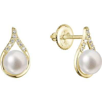 Pavona zlaté 14 karátové náušnice slza s říční perlou a brilianty 91PB00037