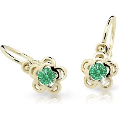 Danfil dětské náušnice kytičky C2204 ze žlutého zlata s kamínkem Emerald Green zapínání brizura