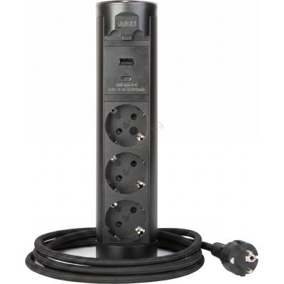 Delight Контактна колона за плот на бюро 3x230V + USB-A + USB-C, черна (LC4011)