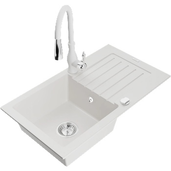 Mexen Pablo гранитна мивка с 1 отделение с отцедник и кухненски смесител Savita, бял - 6510-20-672601-20 (6510-20-672601-20)