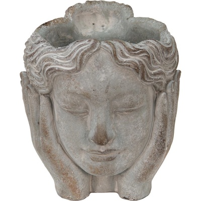Clayre & Eef Šedý cementový květináč hlava dívky v dlaních S 14x16x17 cm