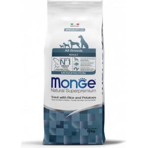 Monge Natural Superpremium All breeds Adult Monoprotein Trout with Rice and Potatoes - пълноценна суха храна за кучета в зряла възраст от всички породи с пъстърва, ориз и картофи - 12 кг, Италия - 1358