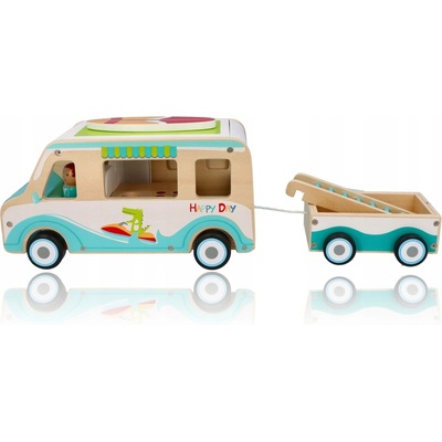 Adam Toys Dřevěnný autokaravan s přívěsem a příslušenstvím
