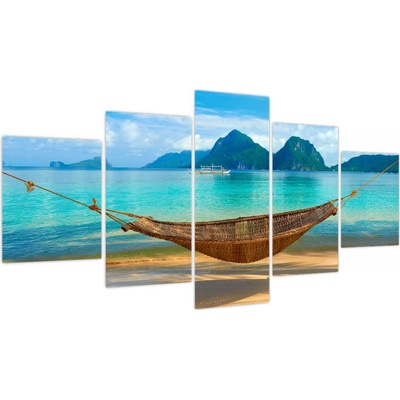 Obraz houpací sítě na pláži 3, pětidílný 150x80 cm – Zbozi.Blesk.cz