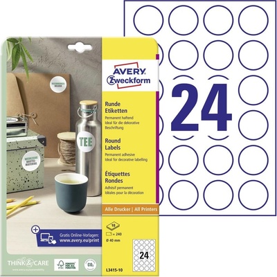 Avery-Zweckform L3415-10 Ø 40 mm papier biela 240 ks trvalé univerzálne etikety laser; L3415-10