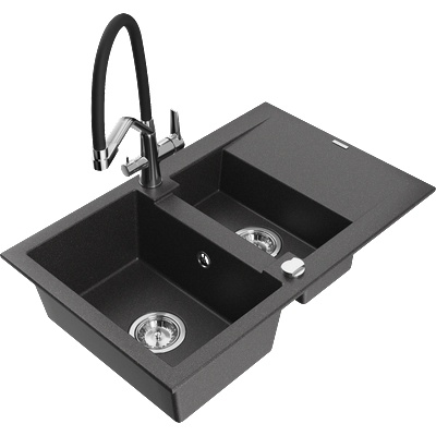 Mexen Gaspar гранитна мивка 1, 5-камерна с отцедник и кухненски кран Duo, черен с пръски - 6507-76-671701-07 (6507-76-671701-07)