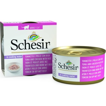 Schesir Cat Tuna & Chicken Natural - Консерва за израснали котки с риба тон, пилешко и ориз в собствен сос, 85 гр. / 3 броя