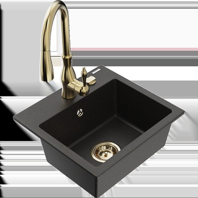 Mexen Milo кухненска мивка от гранит с 1 камера с кухненски смесител Savita, черен/златист металик - 6505-75-672601-50 (6505-75-672601-50)