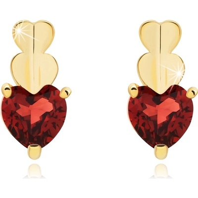 Šperky Eshop Zlaté 14K náušnice tři srdce, přírodní granát S3GG89.36
