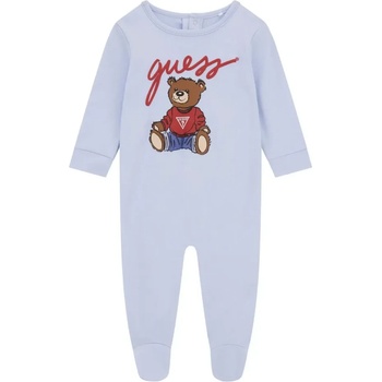 Guess Дълго бебешко боди за новородено момче в бледо син цвят с голямо цветно мече Guess