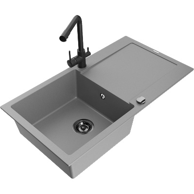 Mexen Leo гранитна мивка с 1 корито с отцедник и кухненски смесител Duero, сив - 6501-71-671600-70-B (6501-71-671600-70-B)