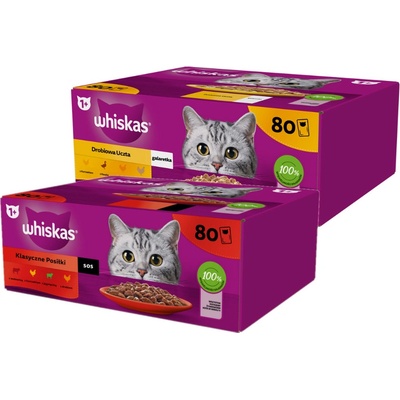 WHISKAS Adult sáčky 80 x 85 g Classic Meals + WHISKAS Adult sáček 80 x 85 g drůbeží kousky