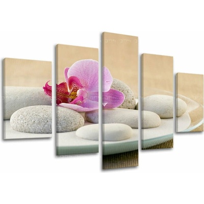 Päťdielny obraz spa kameňov a orchidey na plátne – Feng Shui - 100x80 cm