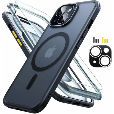ESR Halolock Classic Pro MagSafe Hybrid Protection Set - хибриден удароустойчив кейс с MagSafe и стъклено защитно покритие за дисплея на iPhone 15 (черен-прозрачен)