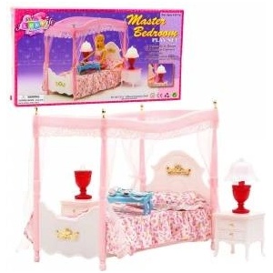 LEAN Toys Doll Furniture Set: Canopy Bed, Nightstands, Lamps