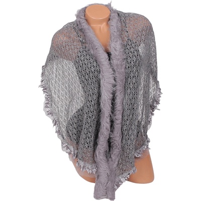 Стилен сив шал с пухче от еко косъм