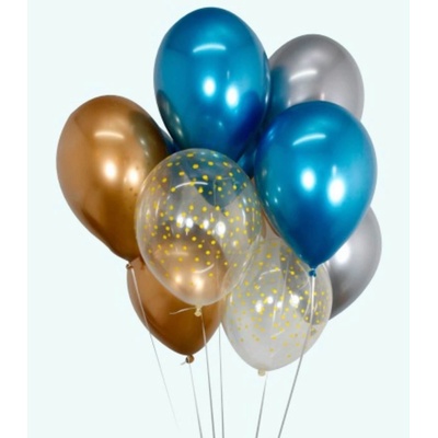 Globos Festival БАЛОНИ 15 БР. 12" - 30 СМ ХРОМ ЗЛАТО/СРЕБРО/СИН/ТОЧКИ + ЛЕНТА 15 М