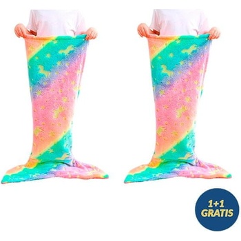 Netscroll 2x odeja v tvare morskej panny morská panna odeja ktorá svieti v tme vzor s hviezdami a jednorožcom mimoriadne mäkká a teplá dúhové farby skvelý darčekový nápad MermaidBlanket