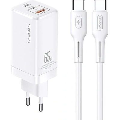 USAMS Ład. siec. MT 2xUSB-C+USB GaN 65W PD + kabel USB-C-USB-C 100W Fast Charging biały/white MTXLOGTC02 (MTXLOGTC02) (MTXLOGTC02)