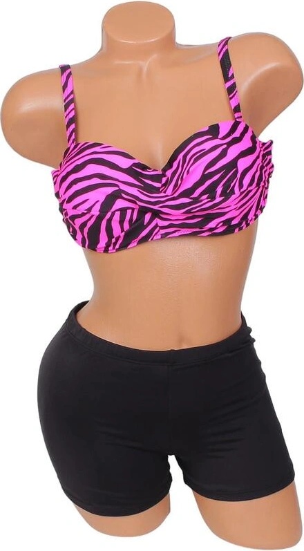Дамски бански с боксер в черно и неоново розов принт