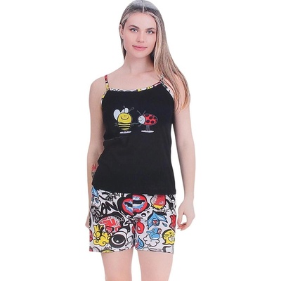 Дамска пижама с тънка презрамка в черно и цветен десен