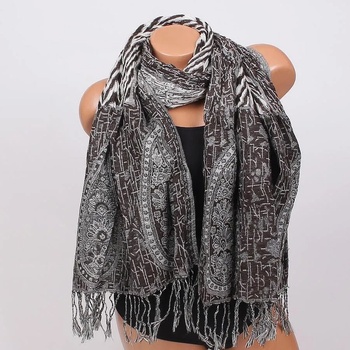 Image 1 of Тъмнокафяв шал в бели орнаменти