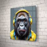 Art gift Стъклено АРТ пано - Горила с жълти слушалки
