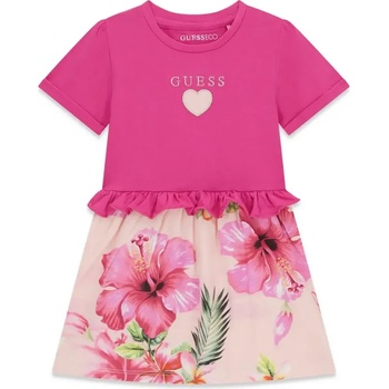 Guess Памучна рокля къс ръкав в цикламено за мини момиче с цветя Guess