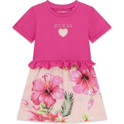 Guess Памучна рокля къс ръкав в цикламено за мини момиче с цветя Guess