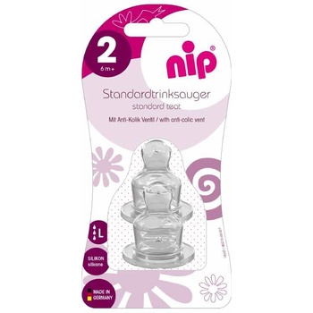 NIP Силиконови биберони NIP - Anti-colic vent, flow L, 6 м+, 2 броя (4000821330115)