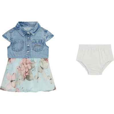 Guess Комбинирана рокля с къс ръкав за бебе момиче с деним и тюл с цветя Guess