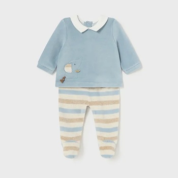 Mayoral Комплект блуза с яка и раирани ританки плюш за новородено момче в син цвят Майорал