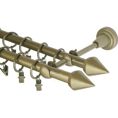 OK-GarnýžeCZ Garnýž kovová dvouřadá 16mm Hrot double zlatá antik 240 cm do stěny / kroužky s žabkou