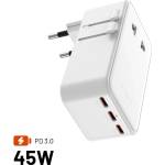 FIXED Ултратънък пътен адаптер 45 W за ЕС, Великобритания, САЩ/Австралия, 3xUSB-C PD 45 W, бял FIXCT45-3C1A-WH (FIXCT45-3C1A-WH)