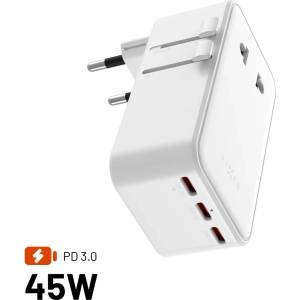 FIXED Ултратънък пътен адаптер 45 W за ЕС, Великобритания, САЩ/Австралия, 3xUSB-C PD 45 W, бял FIXCT45-3C1A-WH (FIXCT45-3C1A-WH)