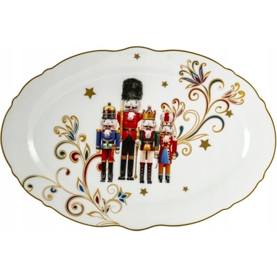 Magnoble Vianočný servírovací tanier Luskáčik – oválny porcelánový tanier so zlatými detailmi 30,5 × 20 cm
