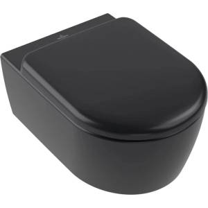 Villeroy & Boch Комплект окачена тоалетна чиния Villeroy&Boch Skyla Combi-Pack Rimless TwistFlush със седалка softclose, черно Pure Black CeramicPlus (5656CLR7)