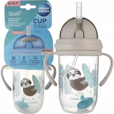 Canpol Babies nevylievací hrnček so slamkou a závažím Exotic Lenochod šedý 270 ml