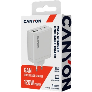 CANYON Адаптер за Захранване CANYON charger OnCharge 120 GAN Total 120W MAX 3 USB-C +1 USB-A White EU plug (CNS-CUW120ACC)