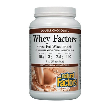 Natural Factors Whey Factors® Grass Fed Whey Protein - Суроватъчен протеин изолат с вкус на шоколад, 1 kg прах (2927 NF)