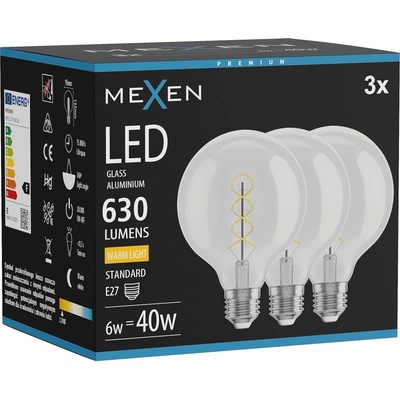 Mexen Vintis 3x LED филаментна спираловидна крушка E27, G95, 6W, Топла - 2700K, 630 lm, clear (L167-E27-0627-00x03)