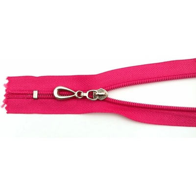 Špirálový zips č. 5 - nedeliteľný - výrazne ružový so strieborným jazdcom v tvare slzy - dĺžka 16 cm