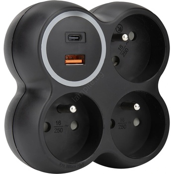 Solight P106CB-PD20 - Разклонител с 3 контакта 15 A и USB A + USB-C, черен (SL1713)