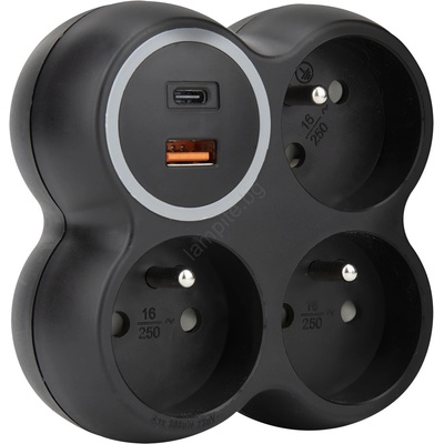 Solight P106CB-PD20 - Разклонител с 3 контакта 15 A и USB A + USB-C, черен (SL1713)