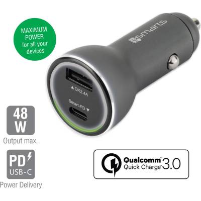 4smarts Fast Car Charger VoltRoad iPD with Quick Charge 3.0 and Power Delivery - зарядно за кола с USB и USB-C изход (черен)