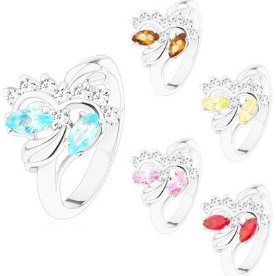 Šperky eshop Blýskavý prsten s rozdělenými zvlněnými rameny kulaté zirkonky R44.23 Světlemodrá