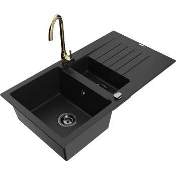 Mexen Matias гранитна мивка 1, 5-коморна с отцедник и кухненски смесител Telma, черен - 6502-77-670200-50-B (6502-77-670200-50-B)