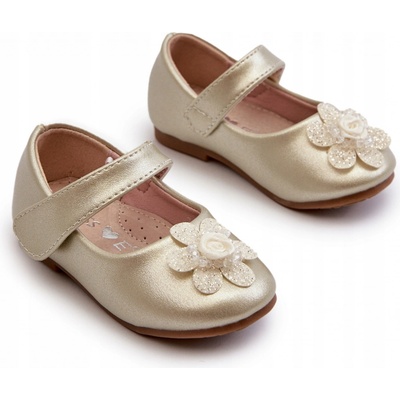 Dětské balerínky s ozdobnou kytičkou se zapínáním na suchý zip zlaté