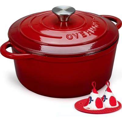 Overmont roasting pan enamel cast iron pot - casserole 28cm oven-safe - with lid and cookbook - for kitchen baking stewing roasting red - Enamelled